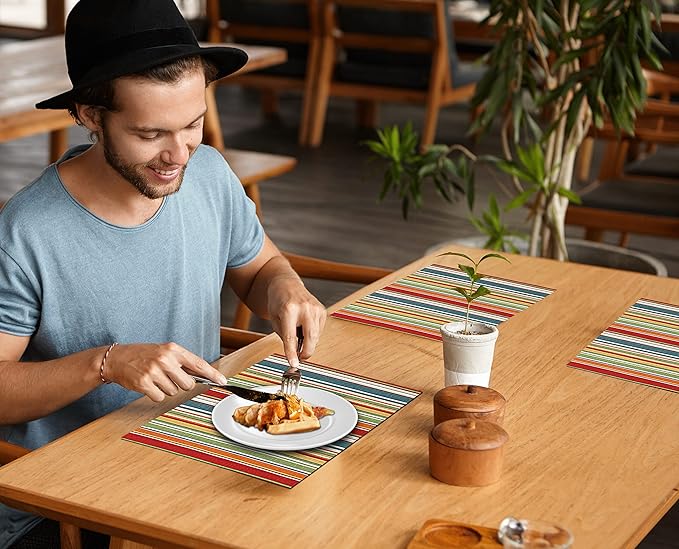 Ruvanti Placemats 100% Cotton 13x19 Inch, Dining Table Placemats Set of 6, Place Mats for Dining Table Decor, Kitchen & Table Linens, Coffee Mat for Christmas Dinners - Multi Stripe