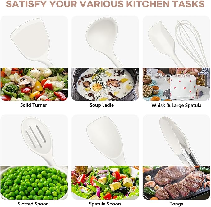 TeamFar Kitchen Cooking Utensils, 10 pcs Silicone Cooking Utensils Set, 446°F Heat Resistant Kitchen Gadgets Tools Set w/Spatula, Turners, Spoons, Soup Ladle, Pasta Server for Nonstick Cookware, White