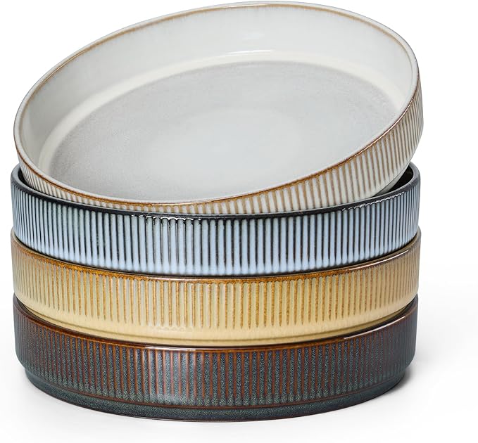 E-far Pasta Bowls Set of 4, 35oz Large Salad Bowl Plate for Dinner Serving Soup, Wide & Shallow Ceramic Stoneware Pasta Plates, Microwave & Dishwasher Safe, Reactive Glaze Textured Stripes, Multicolor