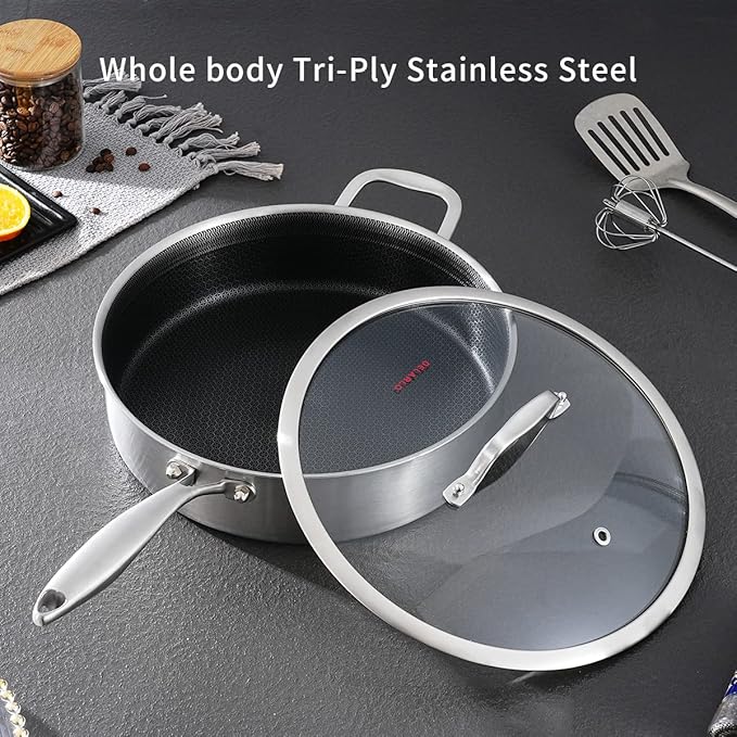 DELARLO Tri-Ply Stainless Steel 5.5QT Saute Pan With Lid, Nonstick 12.3 Inch Deep Frying Pan, Induction Large Skillet, Cooker Pan for Chefs, 12inch Chef's Pan Dishwasher & Oven Safe 650℉