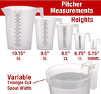 TCP Global 5 Piece Set of Plastic Graduated Measuring and Mixing Pitchers - 500, 1000 Quart, 2000, 3000, 5000 ml Gallon Sizes - Pouring Cups, Measure & Mix Paint, Resin, Epoxy, Kitchen Cooking Baking