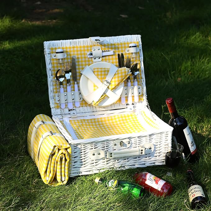 Picnic Basket Set for 4 with Waterproof Blanket Mat Insulation Bag Wicker White Yellow Light Fresh Gifts for Wedding Birthday Summer Camp Outdoor Camping Beach Travel Christmas Thanksgiving