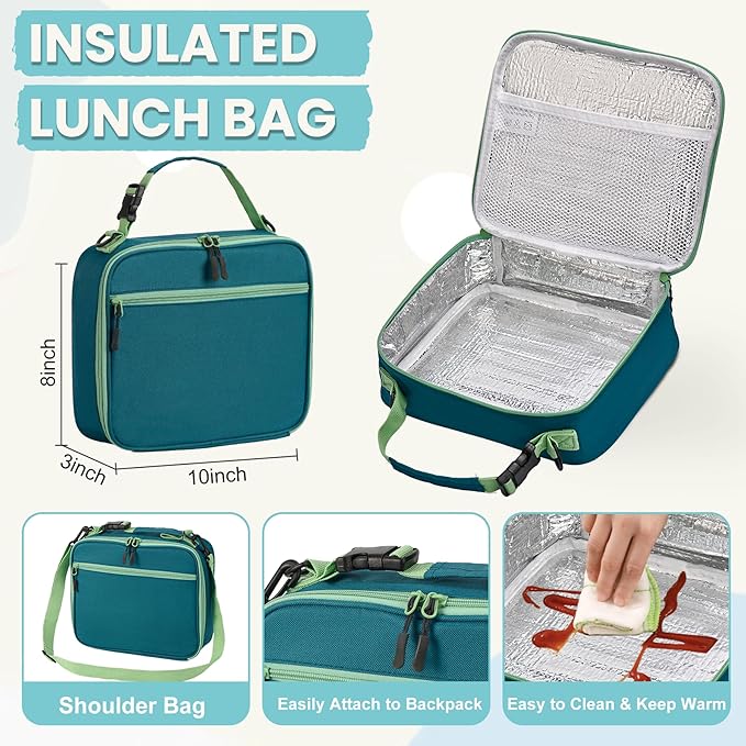 Kids Lunch Bento Box with Thermo Ice Pack Food Container with Insulated Lunch Bag, Insulated Water Bottle with Straw for Girls Boys,Green