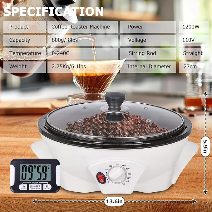 JIAWANSHUN Coffee Roaster Upgraded Electric Coffee Bean Roaster 1.1lb Coffee Roaster for Home Use,0-240℃ Temperature Adjust&Timer 110-120V