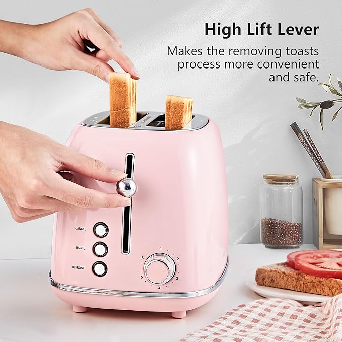 Roter Mond 2 Slice Toaster Retro Stainless Steel with Bagel, Cancel, and Defrost Functions, 6 Bread Shade Settings, Extra Wide Slots and Removable Crumb Tray, Pink