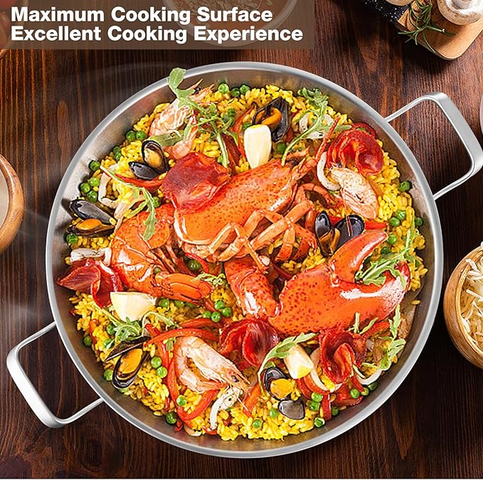 Tri-Ply 18/10 Stainless Steel Paella Pan, 13.5 Inch with Lid | 8-10 Servings, All Cooktop Compatible (Up to 550℉) | Large Stainless Steel Skillet for Outdoor Parties, Family Gatherings & Entertaining