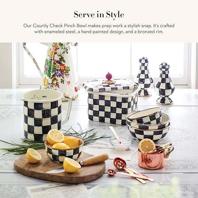 MACKENZIE-CHILDS Enamel Pinch Bowl, Small Bowl for Kitchen Ingredients, 1.5-Cup Capacity, Black-and-White Courtly Check
