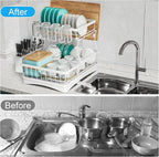 7 code Large Dish Drying Rack, 2-Tier Dish Racks for Kitchen Counter, Detachable Large Capacity Dish Drainer Organizer with Utensil Holder, Dish Drying Rack with Drain Board, White