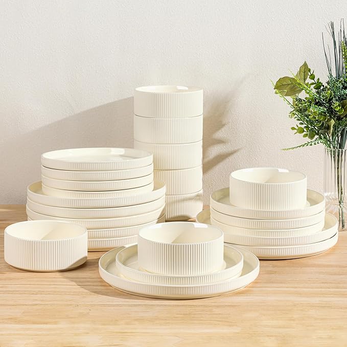 TheTerra Ceramic Dinnerware Sets for 8, 24 Pieces Porcelain Lightweight Plates and Bowls Sets, Scratch Resistant Dish Set, Oven & Microwave & Dishwasher Safe, Beige