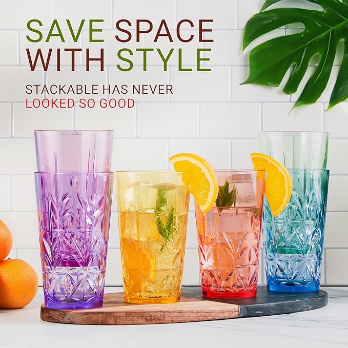Royal Plastic Drinking Tumbler, Premium Quality Water Glasses, Dishwasher-Safe BPA-Free Durable Mixed Colors Assorted Stackable Cups, 18 oz Set of 12