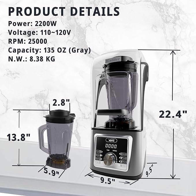VONCI 2200W Commercial Blender With Sound Enclosure, 135OZ Large Capacity Quiet Blender For Smoothies, Heavy Duty Industrial Blenders For Restaurant, Perfect For Kitchen, Ice Crush, Milk Shake, Fruits