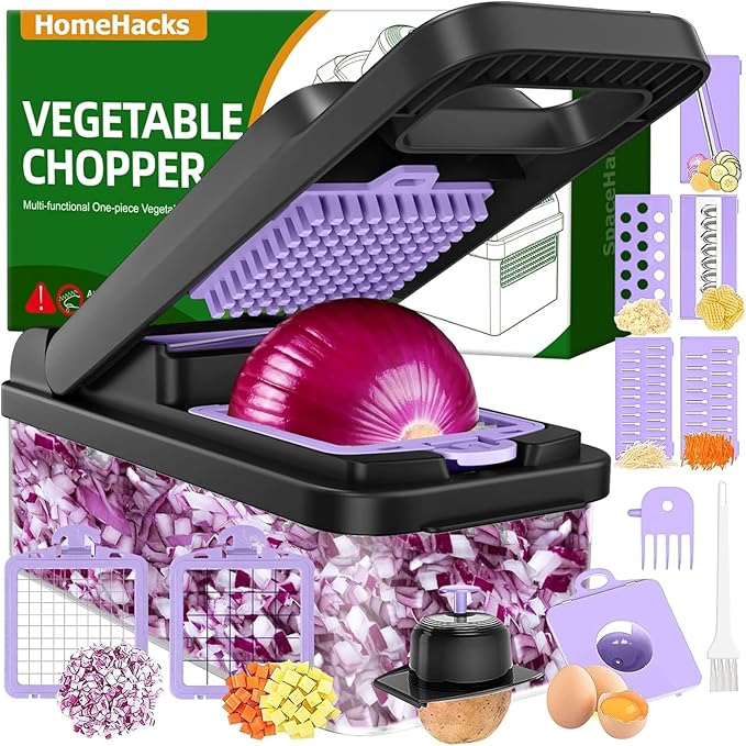 HomeHacks Vegetable Chopper Vegetable Cutter, 12 in 1 Kitchen Gadget, Dicer, Slicer, Onion Cutter, Salad, Cheese Grater & Egg Separator - Multi-Functional Veggie Chopper Lid with Handle (Purple)