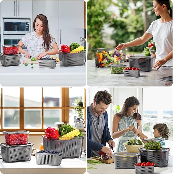 LUXEAR 4 Pack Fruit Containers for Fridge, Vegetable Storage Container with Lids &Removable Colander Produce Saver Organizer for Refrigerator Keep Fruit, Veggie, Berry, Meat Fresh Longer-Grey