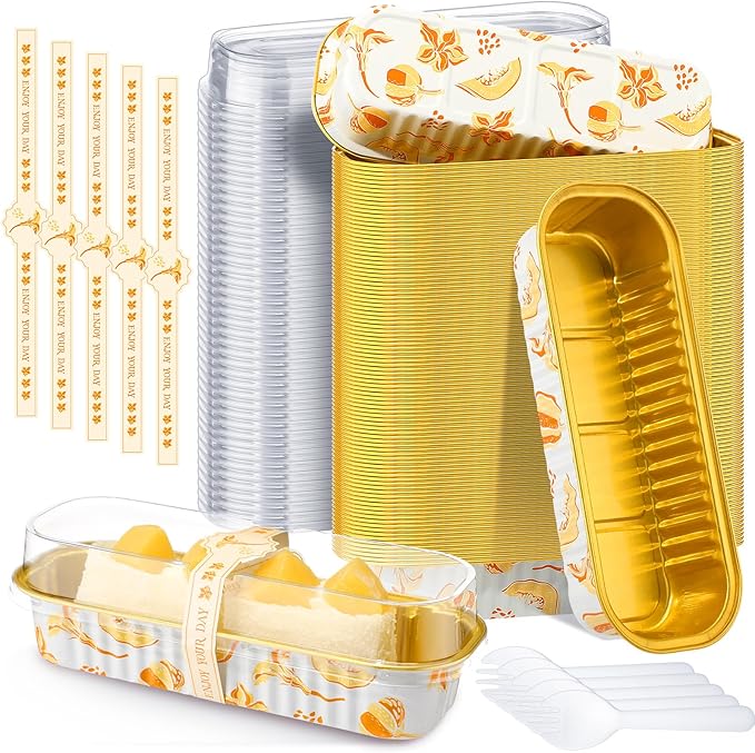 Tioncy 50 Pcs Autumn Themed Mini Pink Loaf Pans with Lids Spoons Sticker Cute Pumpkin 6.8oz Disposable Rectangle Aluminum Foil Baking Pans Muffin Cupcake Cups for Picnics Fall Birthday Party Supply