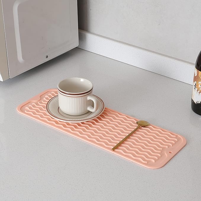 Silicone Dish Drying Mat for Multiple Usage,Easy clean,Eco-friendly,Heat-resistant Silicone Mat for Kitchen Counter,Sink,Bar,Bottle,or Cup Pink M 17 inches x 6 inches