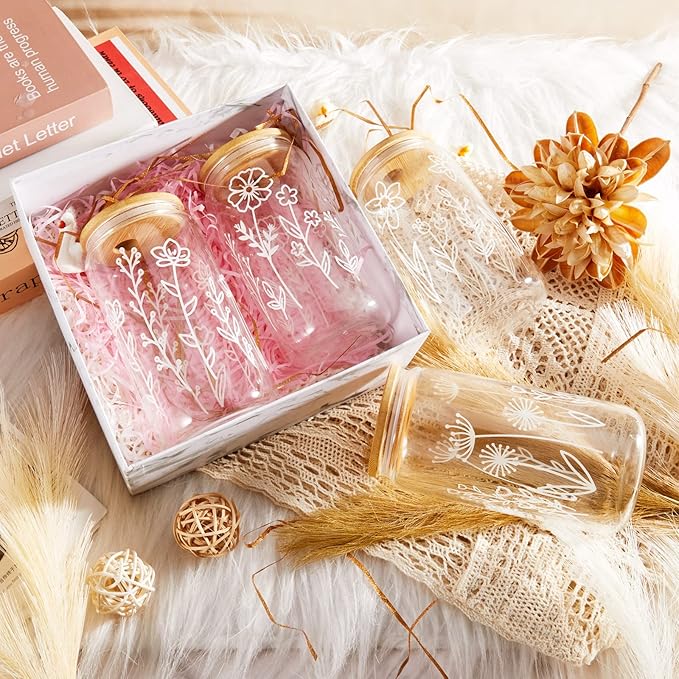 Mumufy 8 Pack Gift for Women Cute Glass Cup Tumbler Flower Iced Coffee Mugs 16 oz Glass with Bamboo Lid & Straw, Mothers Day Birthday Gift for Mom Sister Bridesmaid Baby Shower (Boho Floral)