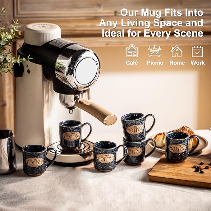 LYEOBOH Espresso Cups, Coffee Cups, Tea Cup, Coffee Cups Ceramic Set of 6, Cute Mini Cups 3 OZ, Microwave Dishwasher Safe, Ceramic Mug, Espresso Shot, Great for Coffee Bar Decor & Drinks, Blue