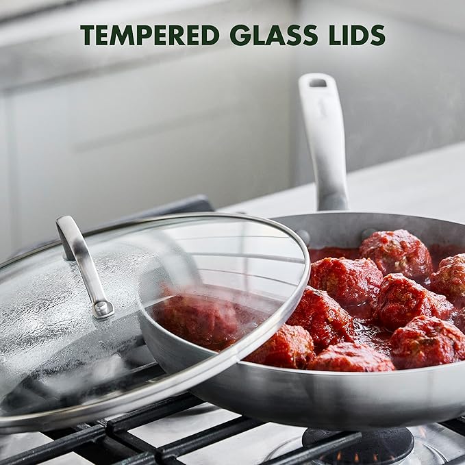 GreenPan Chatham Tri-Ply Stainless Steel 12 Piece Cookware Set, PFAS-Free Pots and Pans, Multiclad, Induction Ready, Fry Saute Sauce Pans, Stockpot, Dishwasher Safe, Oven & Broiler Safe, Silver