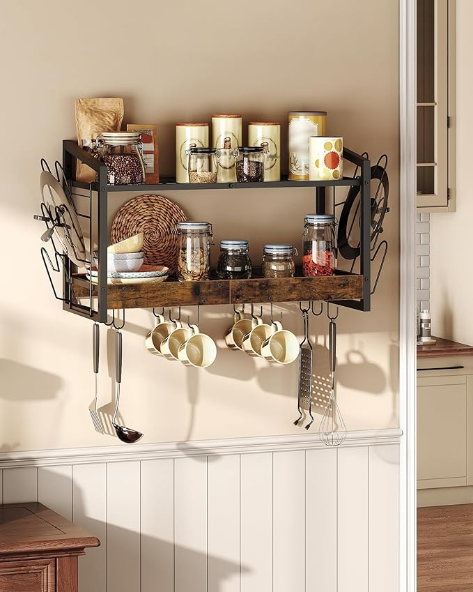Hanging Pot Rack, Pot Rack Wall Mounted, 2-Tier Kitchen Pot and Lid Organizer, Wall-Mounted Pot Rack with 12 Hooks, for Kitchen Storage of Pots, Pans, Utensils, Rustic Brown TPR02BF