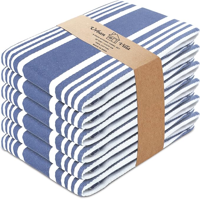 Urban Villa Kitchen Towels 100% Cotton Pack of 6, Highly Absorbent Quick Drying Super Soft Premium Dish Towels for Kitchen with Hanging Loop Hand & Tea Towels - 20x30 Inch, (Blue & White, Striped)