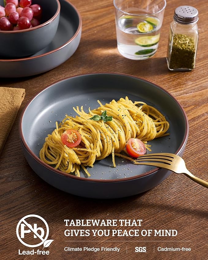 famiware Mercury Pasta Bowls Set of 8, 33 oz Large Salad Bowls, Ceramic Pasta Plates Bowls, Serving Bowls for Kitchen, Microwave & Dishwasher Safe, Charcoal