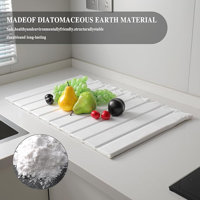 Stone Drying Mat for Kitchen Counter, Collapsible Diatomaceous Earth Dish Drying Mats, Supe Absorbent Quick Dry Stone Mat Kitchen，PU Leather Surface Removable and washable (White, 23.6”x15.4”)