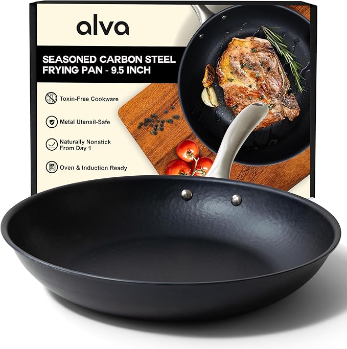 Alva Black Angus 9.5” Carbon Steel Frying Pan – Naturally Nonstick, PFAS-Free & Toxin-Free, Oven & Induction Safe, Chef-Grade Heat Control, Built to Last a Lifetime, Designed in Belgium