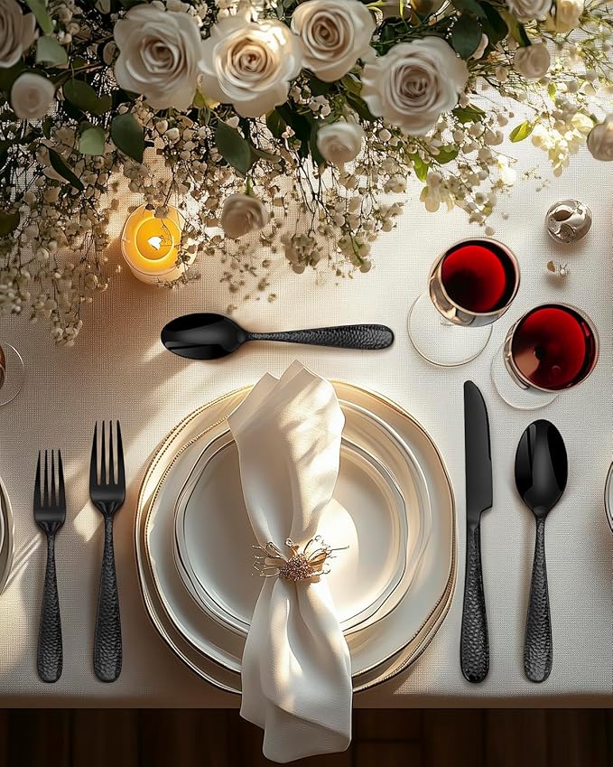 Hammered Black Silverware Set, EUIRIO 48 Pieces Flatware Set for 8, Heavy Duty Stainless Steel Cutlery, Food-Grade Utensil Sets Includes Spoons Forks and Knives, Mirror Finish Dishwasher Safe