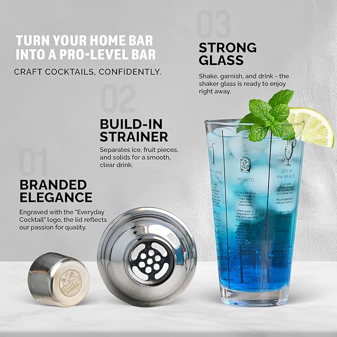 EVERYDAY COCKTAIL - Professional Glass Cocktail Shaker 14 oz, Martini Shaker with Recipes and Measurements, Built-in Strainer and Leakproof Seal, Clear Bar Tool for Margaritas, Martinis