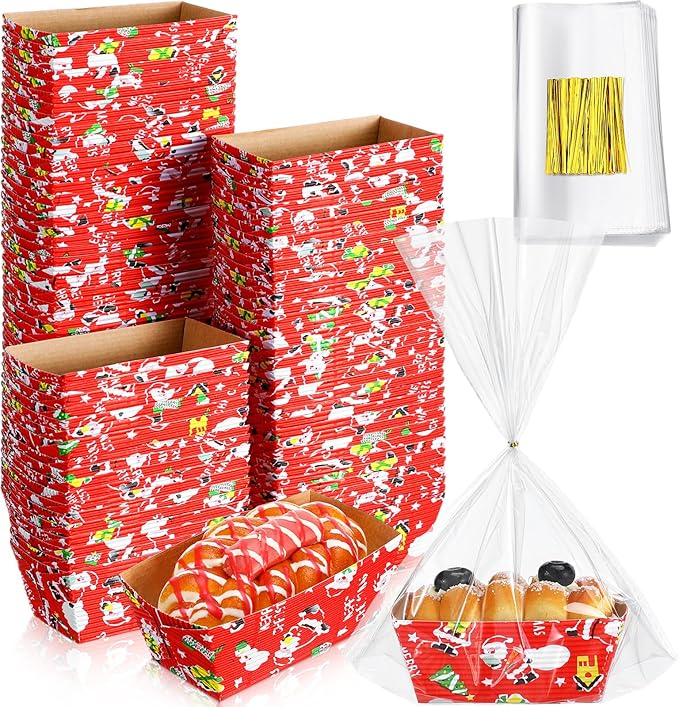 100 Sets Christmas Paper Loaf Pans Mini Disposable Baking Bread Pans with 100 Pcs Clear Bread Bags with Ties Rectangle Loaf Molds for Cake Oven Baker(3.2 x 1.6 x 1.6 Inches)