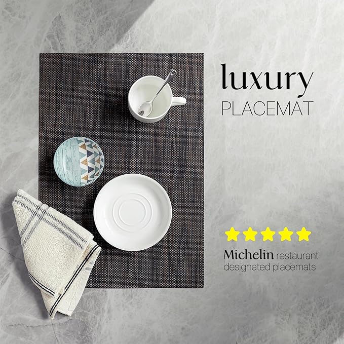 LEXMORE Placemats Set of 6 Vinyl/Plastic Woven Place Mats for Kitchen Table Indoor/Outdoor Washable Placemat Wipeable Dining Table Mats(Black/Brown)