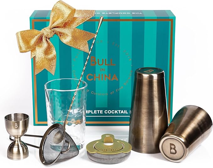 Shaken & Stirred Cocktail Set by Bull in China - Premium Bartender Gift Set w/ 2 Piece Weighted Shaker, Hammered Jigger, Hawthorne Strainer, Fine Mesh Strainer, Mixing Glass & Barspoon (Antique Brass)