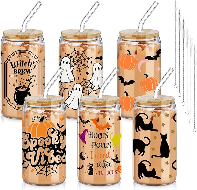 6 Pcs Halloween Drinking Glasses 16 oz Hearts Glass Cup with Bamboo Lid and Glass Straw Can Shaped Beer Glass Reusable Love Smoothie Cup for Women Teenager Valentine Party Birthday Gift