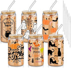 6 Pcs Halloween Drinking Glasses 16 oz Hearts Glass Cup with Bamboo Lid and Glass Straw Can Shaped Beer Glass Reusable Love Smoothie Cup for Women Teenager Valentine Party Birthday Gift