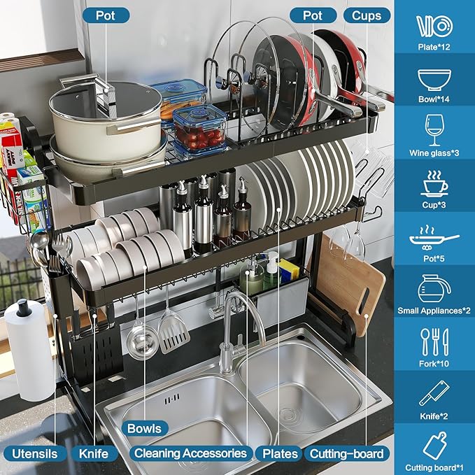 Over The Sink Dish Drying Rack,3 Tier Adjustable Length Full Stainless Steel Large Storage Kitchen Dish Rack,for Kitchen Counter Expandable Multifunctional Organizers,Silver (25.5'' to 37.6'')