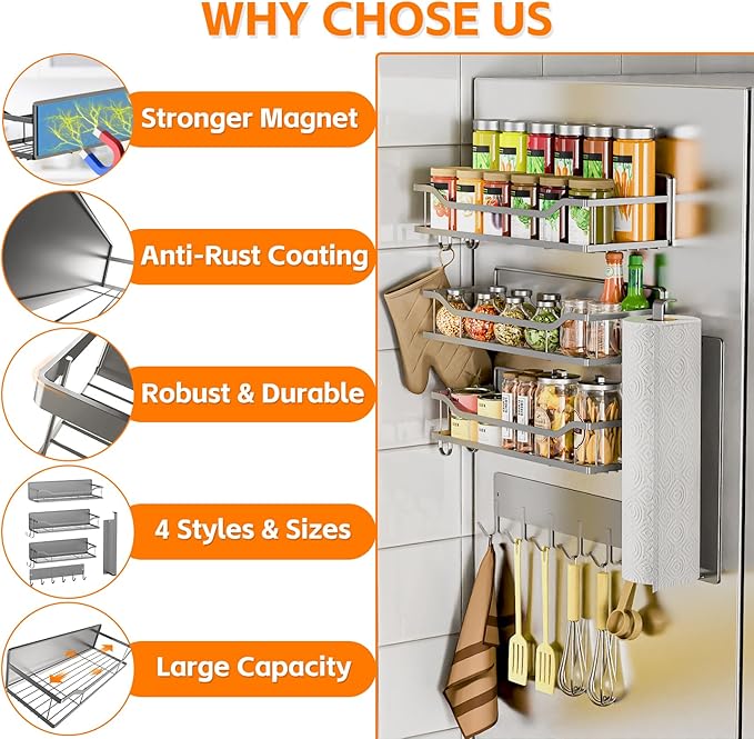 5 Pack Multifunctional Magnetic Shelves for Refrigerator Spice Rack & Washing Machine Organize, Include Paper Towel Holder, Kitchen Utensil Hanger and Hooks, Strong Magnet for Secure Hold (Gray)