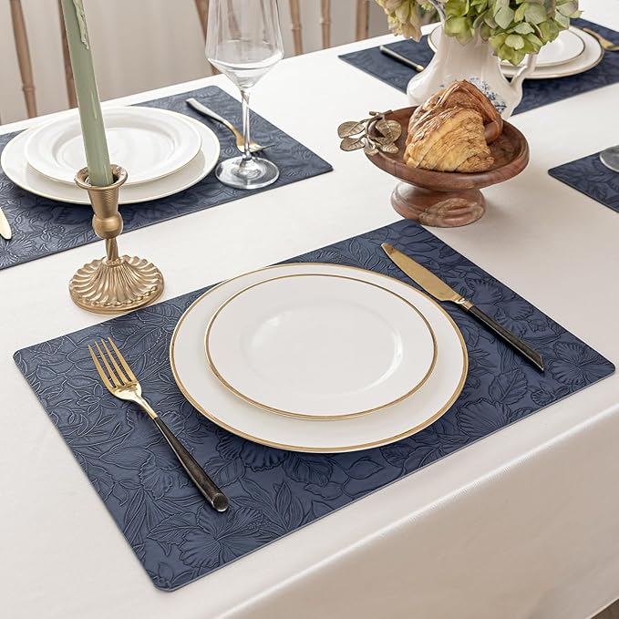 Romanstile Vinyl Placemats Set of 8-12 X 18 Inch - Heat Resistant Non-Slip Embossed Floral Place Mats 100% Waterproof Oilproof Wipeable Faux Leather Table Mats for Kitchen/Dining/Party, Navy Blue