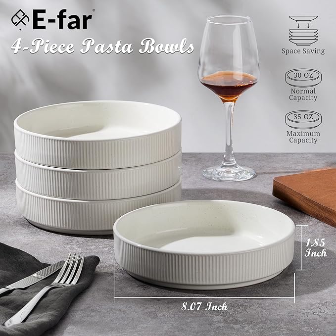 E-far Pasta Bowls Set of 4, 35oz Large Salad Bowl Plate for Dinner Serving Soup, Wide & Shallow Ceramic Stoneware Pasta Plates, Microwave & Dishwasher Safe, Textured Stripes & Speckled White, 8”