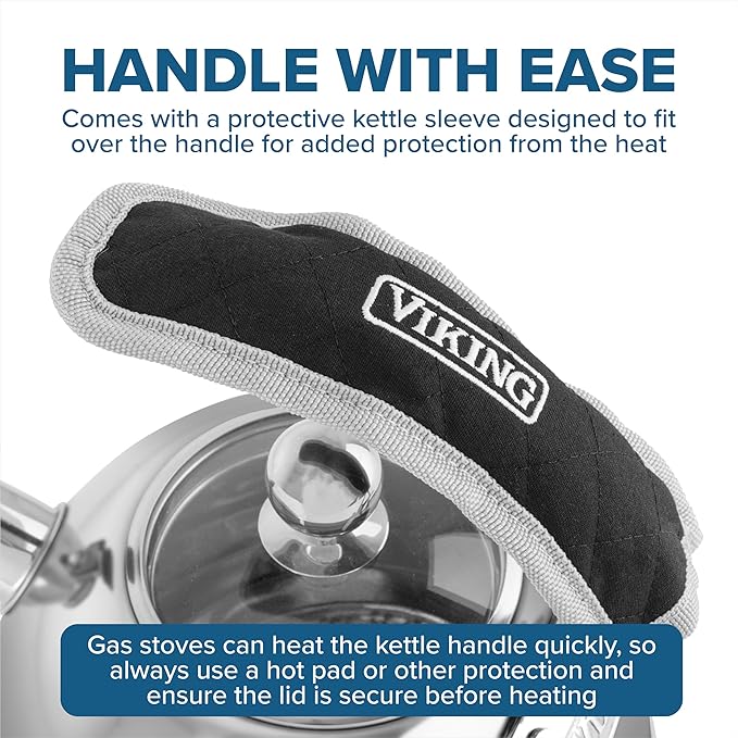 Viking 3-Ply Stainless Steel Tea Kettle, 2.6 Quart Stovetop Hot Water Pot with Tempered Glass Lid, Ergonomic Handle, Induction Ready, Satin Silver