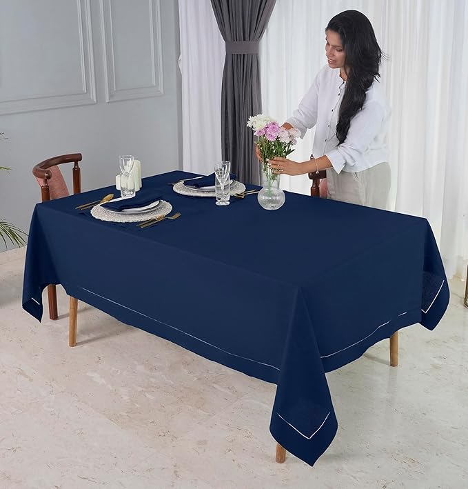 D'Moksha Homes Navy Blue Linen Tablecloth 54 x 72 Inch - 100% Pure Linen Navy Table Cloth for Rectangle Tables - Classic Hemstitch, Machine Washable Tablecloth for Summer, Fall and Halloween