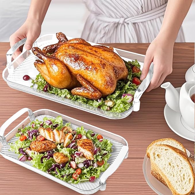 Serving Tray with Handles Set of 3 Rectangular Large Serving Platters 16.5/14.9/13.2 Inch White Plates for Dinner, Party, Entertaining, Transparent
