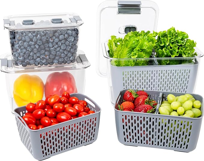 Kitchen Spaces Stackable Fridge Storage Colander Containers for Fresh Produce, Variety Pack, 3 Sizes to Organize Washed Fruits and Veggies, Snap and Seal Lids with Adjustable Vents, Hand Wash Only