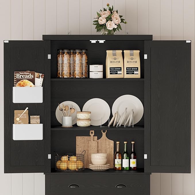 IRONCK Kitchen Pantry Storage Cabinet 83.9" H, with Barn Doors, Drawer, 4 Adjustable Shelves, Freestanding Cupboard for Dining Room Living Room, Laundry, Black