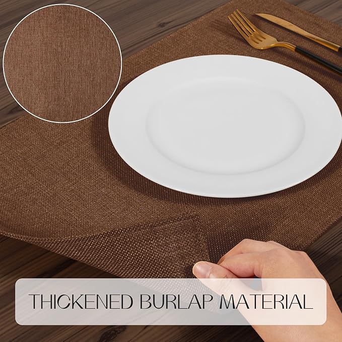 Romanstile Cloth Placemats Set of 6-12 x 18 Inch, Heat Resistant Double Layered Thickened Burlap Place Mats, Washable Linen Farmhouse Table Mats for Kitchen/Dining/Party/Outdoor, Dark Brown