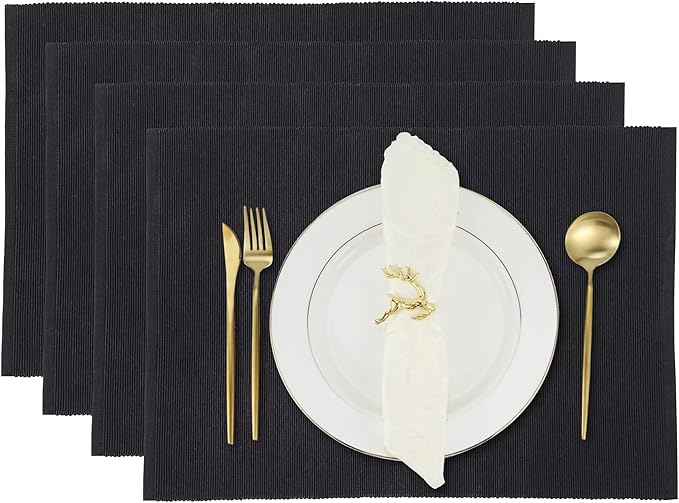 Cloth Placemats Set of 4, Cotton Blend Durable Layered Table Mats, Non-Slip Wrinkle Free Place Mats for Dining Table, Easy to Clean (Black, 13x19 Inch)