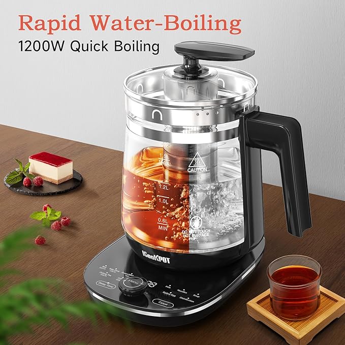 Glass Electric Kettle With Tea Infuser and Temperature Control - 1.5L Stainless Steel Tea Maker, 1200W Rapid Boiling, Programmable Control for Teas and Coffee - Black