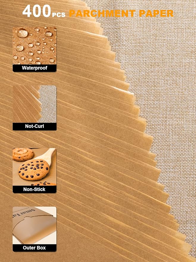 SMARTAKE 400 Pcs Parchment Paper Baking Sheets, 9x13 Inches Non-Stick Precut Baking Parchment, for Baking Grilling Air Fryer Steaming Bread Cup Cake Cookie and More (Unbleached)