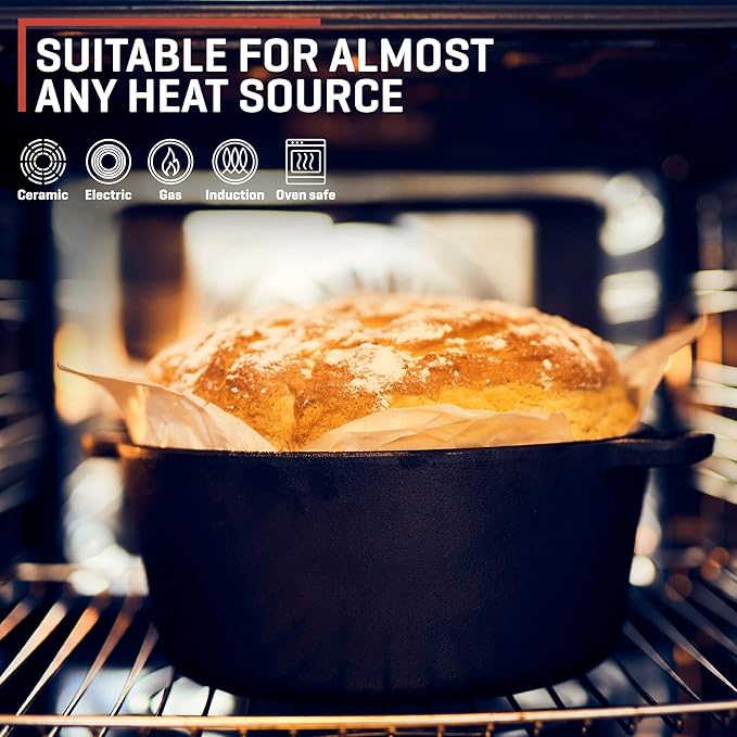 Uno Casa 2-in-1 Cast Iron Dutch Oven Large - 5 Quart Dutch Oven Pot with Lid, Pre-Seasoned Cooking Dish for Bread Baking and Stews - Heavy Duty Cast Iron Pot with Detachable Frying Pan Lid for Versatile Cooking