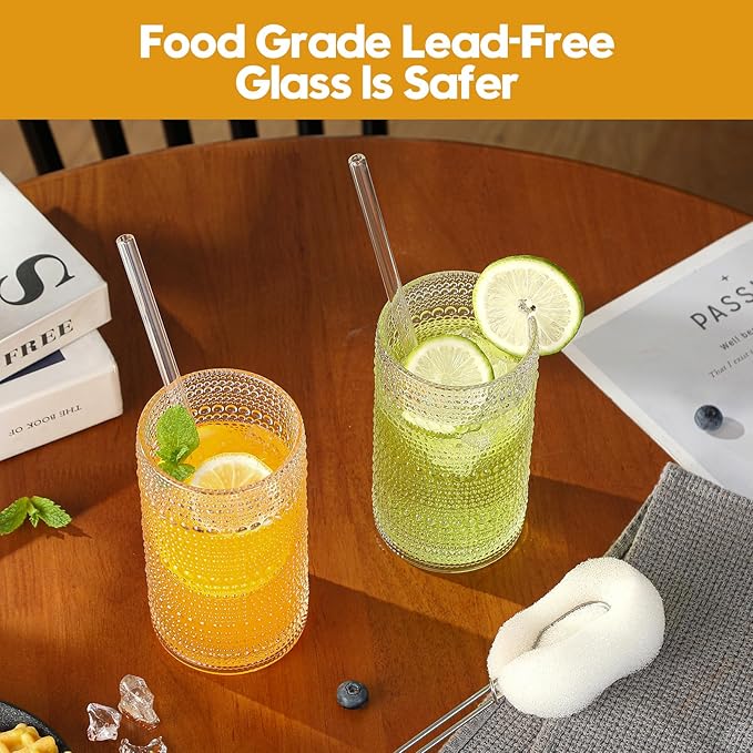 Vintage Hobnail Drinking Glasses Set of 6, 16 oz Large Capacity Embossed Clear Tumblers, Highball Glasses for Water, Cocktail, Beer, Whiskey, Kitchen & Bar Use