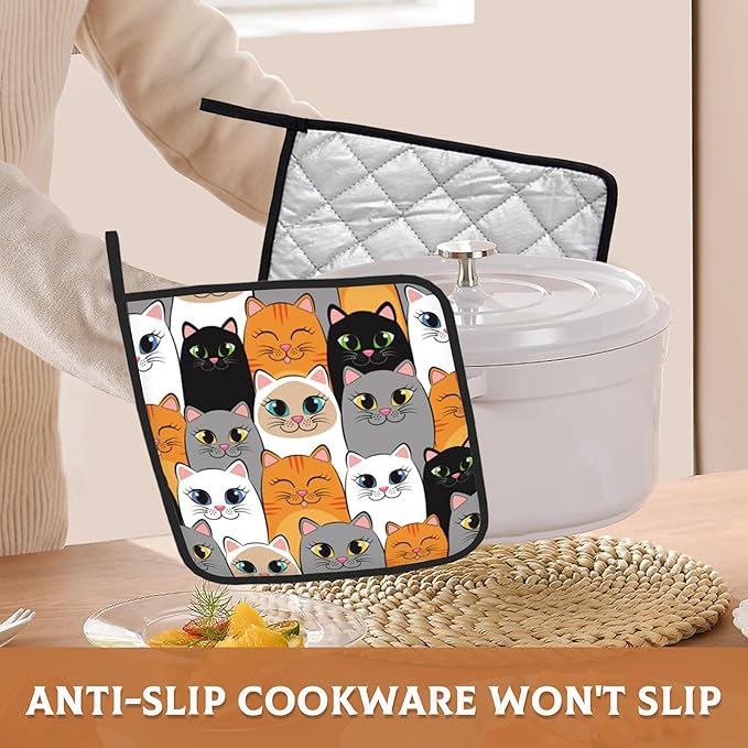 Cat Pot Holder Set of 2,Cute Cartoon Cats Kitchen Heat Resistant Potholder for Women Men BBQ Cooking Baking